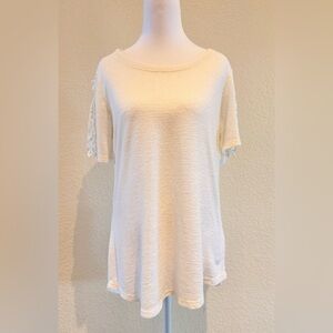 Bobeau Gauzy Sheer Top with Crocheted Short Sleeves – Ivory- Size M